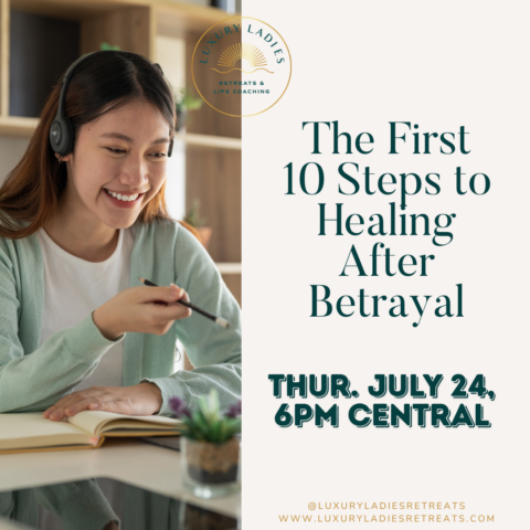 Smiling woman taking notes during a webinar with text that reads 'The First 10 Steps to Healing After Betrayal – Thursday, July 24, 6PM Central'